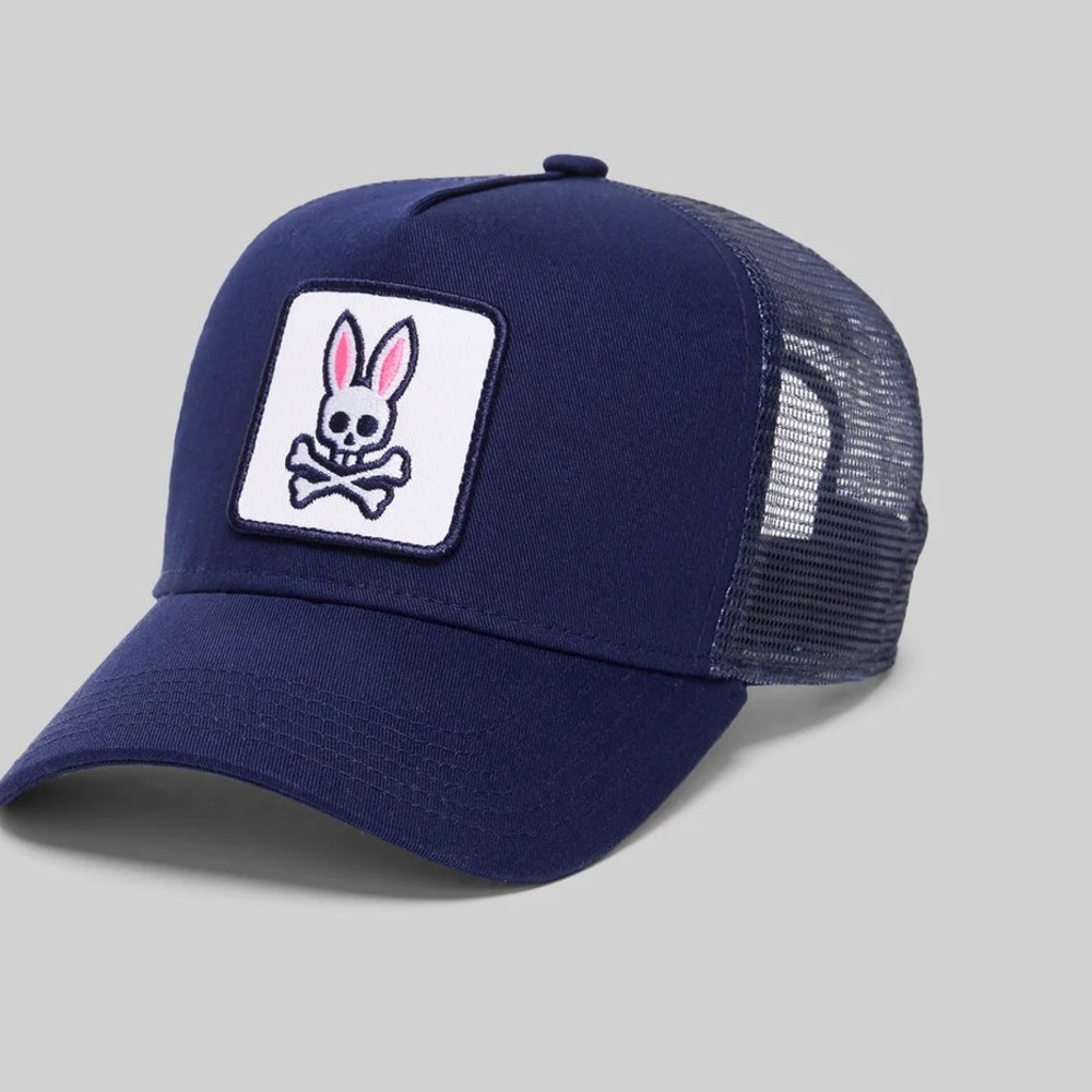 Psycho Bunny Men's Navy Blue Mesh Trucker Hat Snapback Skull Bunny Logo